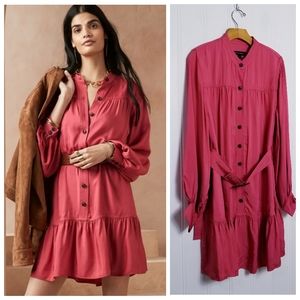 Banana Republic Belted Red Dress M Flounce Hem Long Sleeve Tortoiseshell Detail